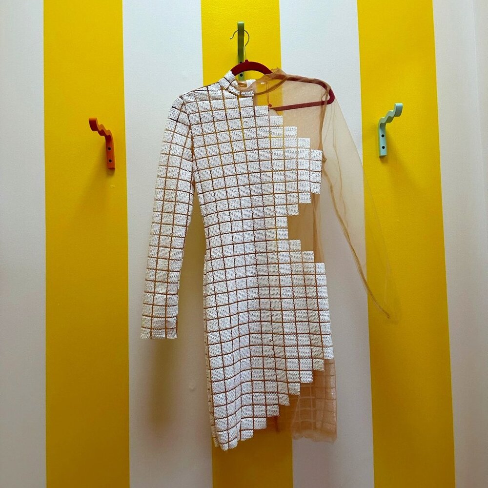 White Sequin & Nude Sheer High-Neck Geo Patterned Dress Super Sexy Size L